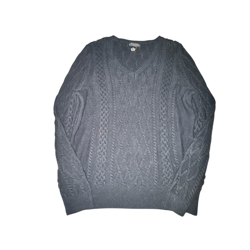 Preswick & Moore Sweater Women's Size XL Black V Neck Cable Knit Pullover